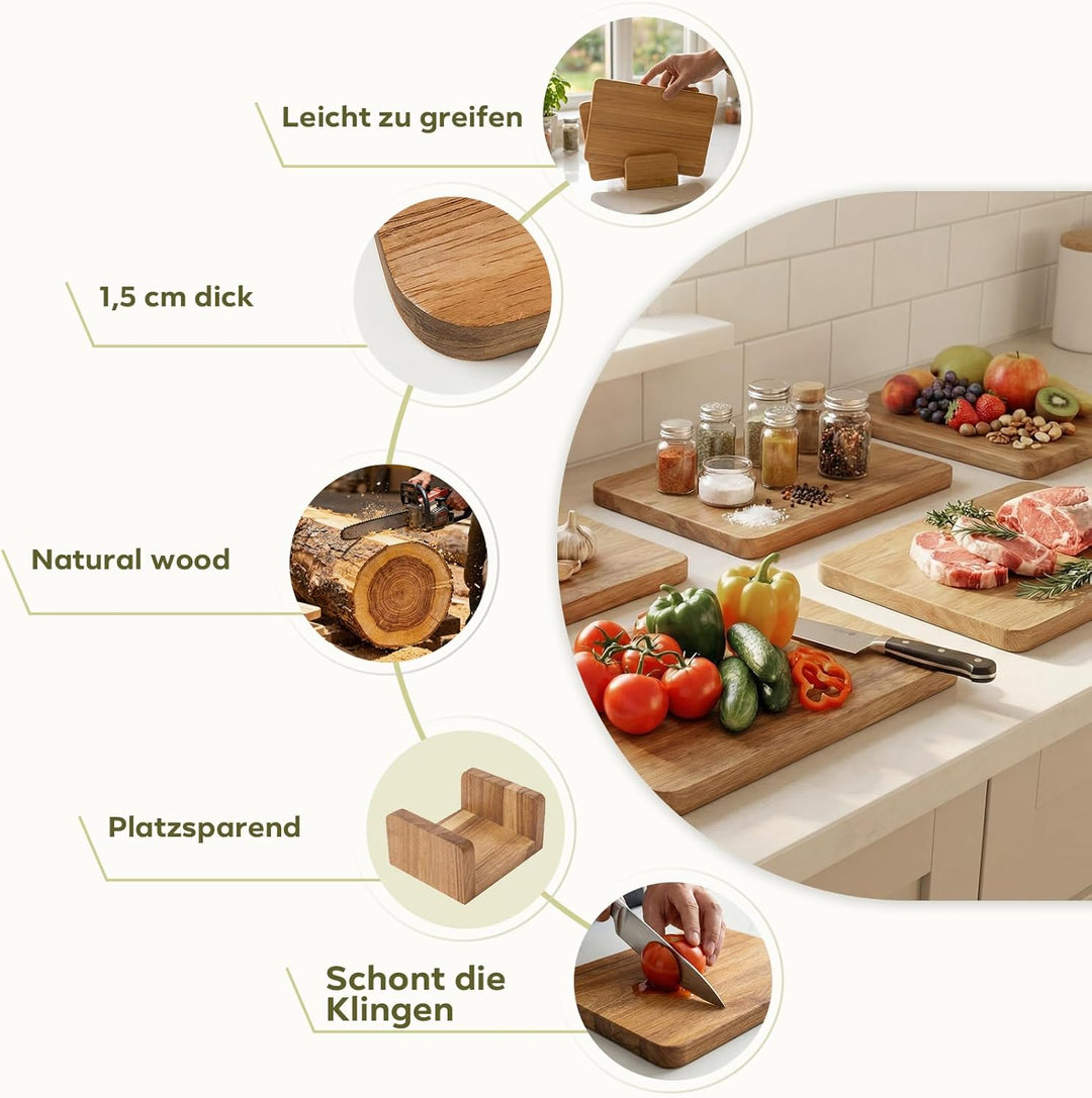 Frühstücksbrett Set 6-teilig aus Akazienholz inklusive Aufbewahrungsständer | Kleine Holzschneidebre