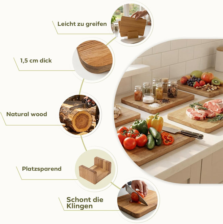 Frühstücksbrett Set 6-teilig aus Akazienholz inklusive Aufbewahrungsständer | Kleine Holzschneidebre