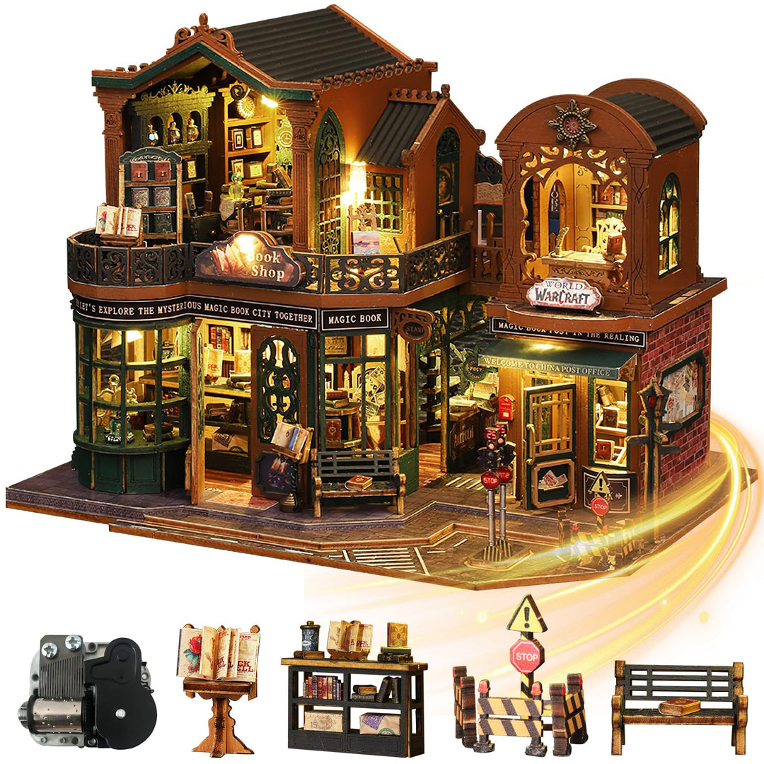 Mostop DIY Miniature Dollhouse Kit,Wooden Dollhouse Construction Kit,Miniature House Kit with LED Li