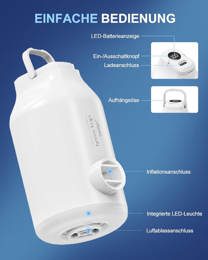 Elektrische Luftpumpe mit Akku für Luftmatratzen, Luftbetten, Vakuumbeutel Kleidung | 5 Düsen &amp; Camp