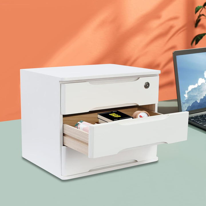 Aufbewahrungsbox mit 3 Ebenen, mit abschliessbarer Schublade, Schreibtisch-Organizer aus Holz, L 39