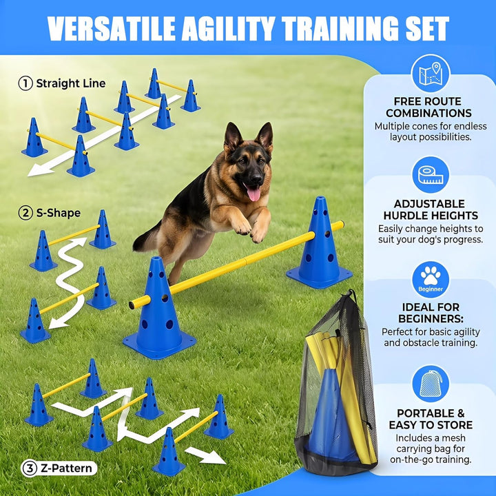 Sports Steckhürdenset, 10 Kegel + 5 Stangen Agility Hürden Steckhürdenset, Kinder Agility Hürden Hin