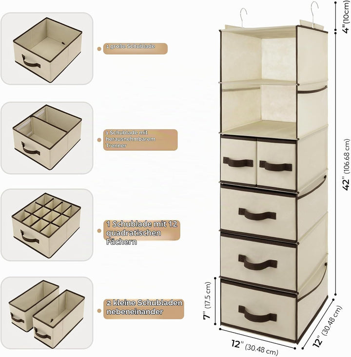GRANNY SAYS Kleiderschrank Organizer Hängend, 1 Stück Hängeorganizer mit Schubladen, Beige Hängeaufb