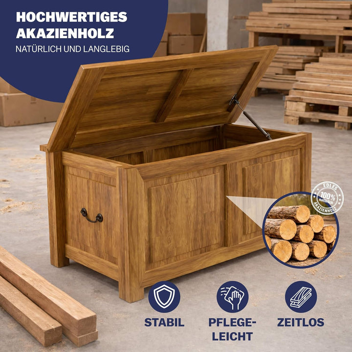 CASARIA® Holztruhe mit Deckel Gross 103L Volumen Sitzbank Stauraum 160kg belastbar Holz Akazie Flur