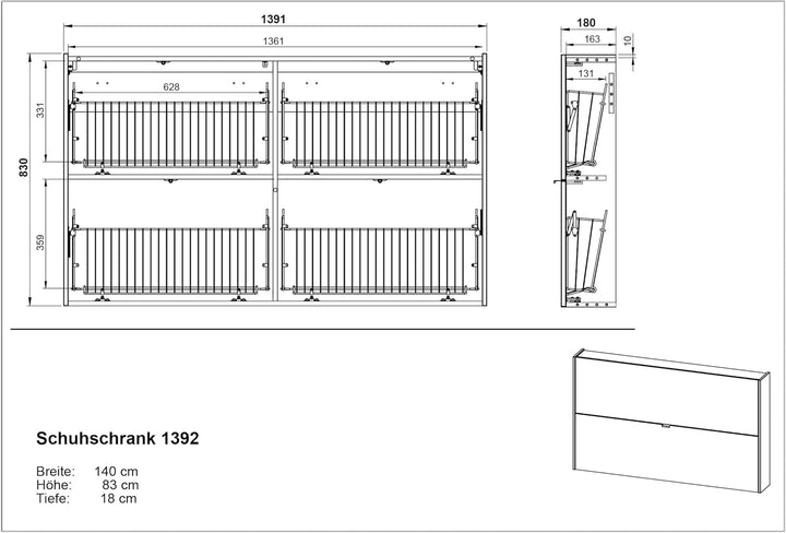 Germania Schuhschrank 1392-629 GW-Ameca, in Taupegrün/Navarra-Eiche-Nb., mit geringer Tiefe, 140 x 8