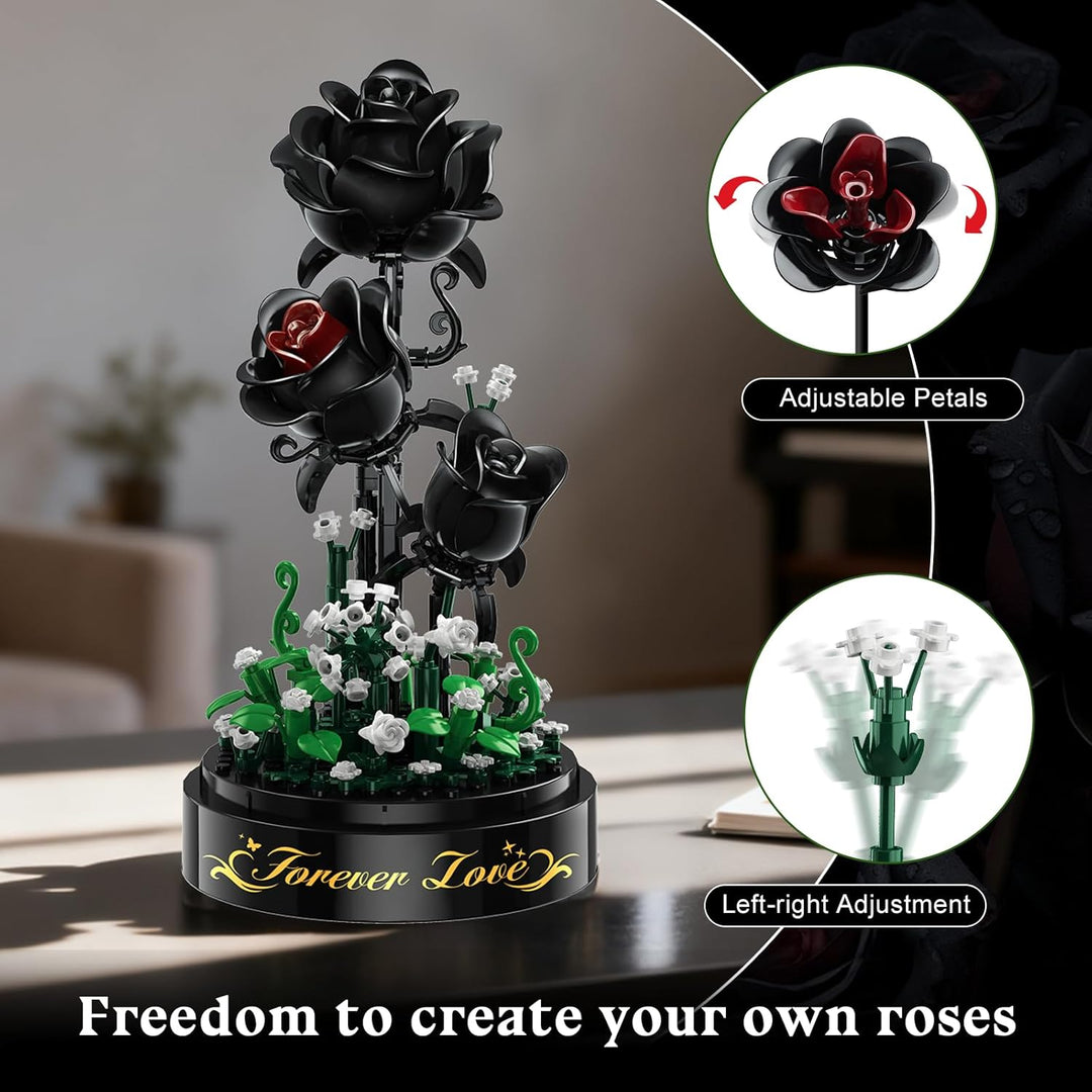 Blumen Rosen Bausatz mit LED Licht, 232 Teile Schwarzer Rosenstrauss, 3.6MM Blumenstrauss Baustein S