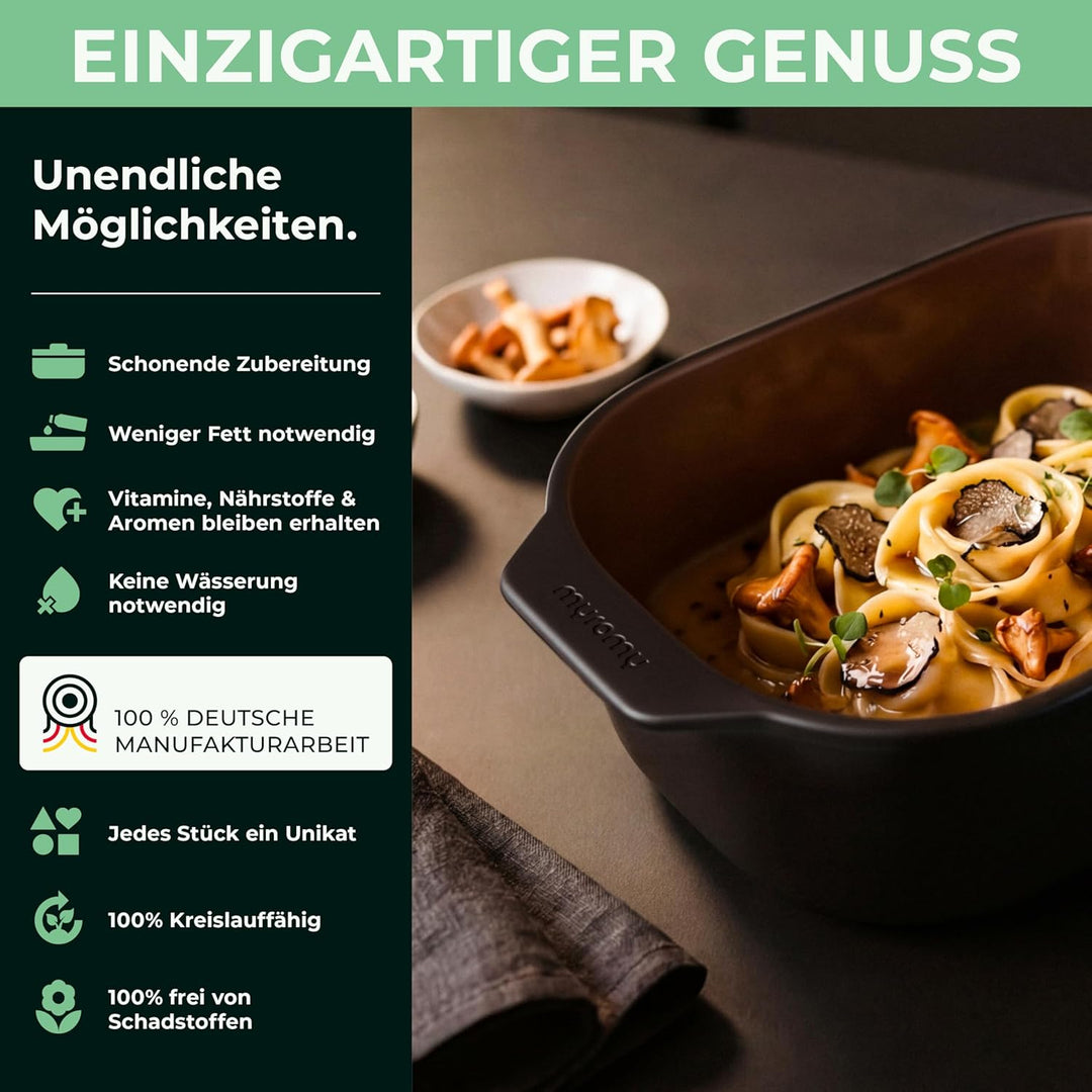 myromy® Bräter, Schmortopf & Brotbackform aus Keramik Natur-Ton: Bratentopf, Dampfgarer & Backform,