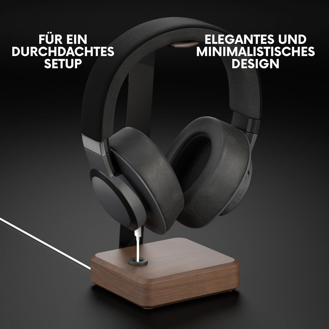 Headset Halterung aus Nussbaumholz – Kopfhörer Halterung mit schwerem Stahlblech & Lederauflage – Ko