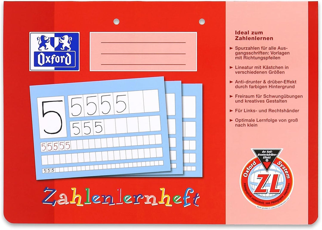 Oxford Zahlenlernheft, A4 quer, Lineatur ZL (1. Klasse), rot, 10 Stück