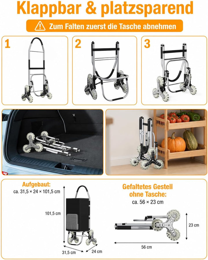 DROMEZ Einkaufstrolley Treppensteiger, 50L Einkaufswagen Trolley Gross mit Kühlfach, Hackenporsche K