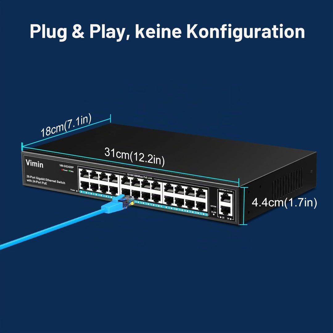 VIMIN 24-Port Gigabit PoE Switch mit 2 Uplink Gigabit Ports, 26-Port Unmanaged Ethernet PoE Switch m