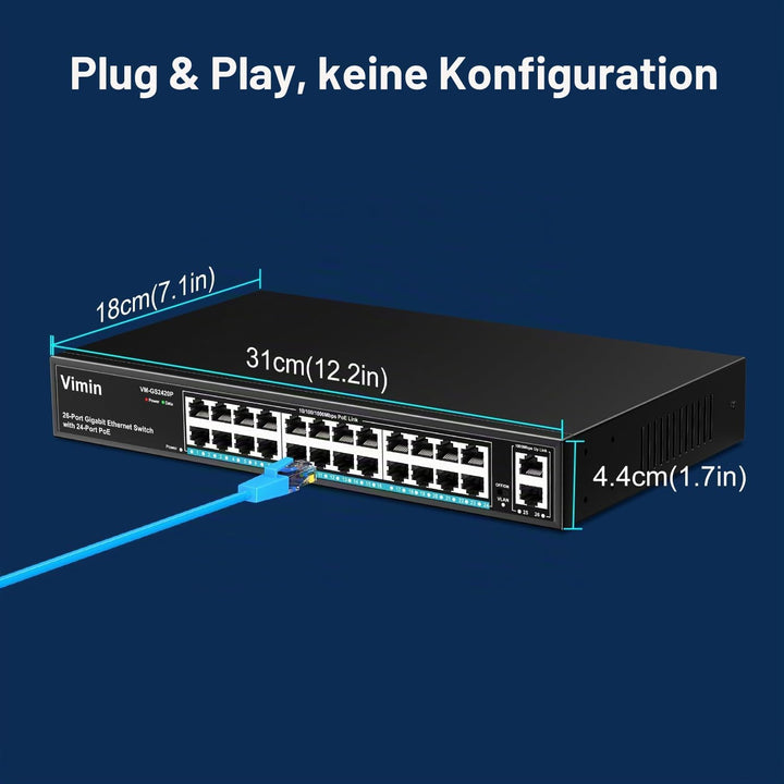 VIMIN 24-Port Gigabit PoE Switch mit 2 Uplink Gigabit Ports, 26-Port Unmanaged Ethernet PoE Switch m