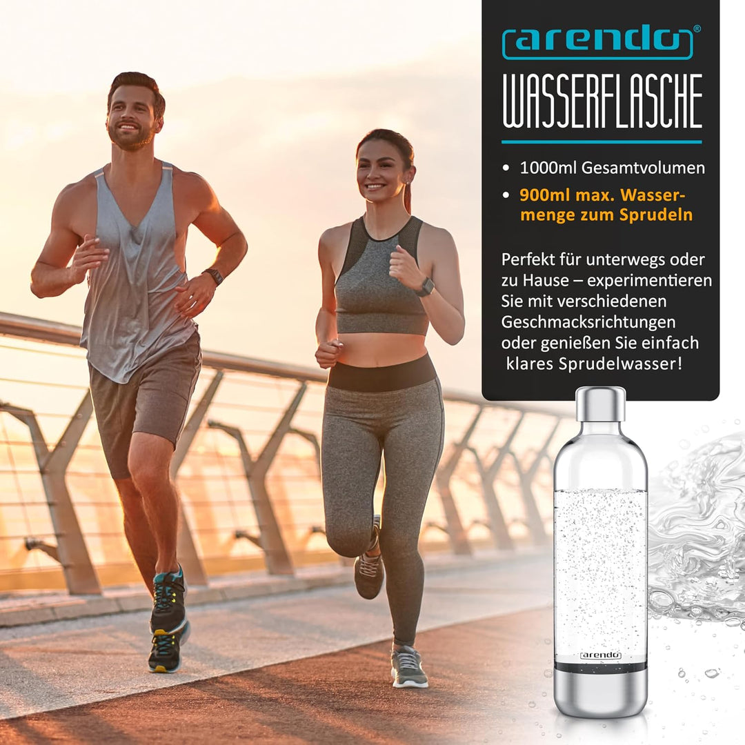 Arendo - Wassersprudler 1000 ml Wasserflasche BPA frei – Edelstahl und PET – mit Skalierung - Ersatz
