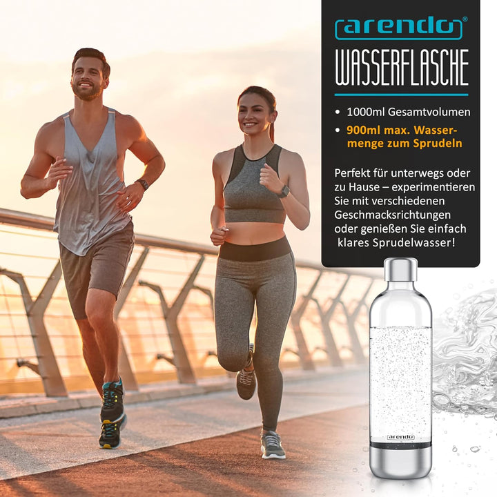 Arendo - Wassersprudler 1000 ml Wasserflasche BPA frei – Edelstahl und PET – mit Skalierung - Ersatz