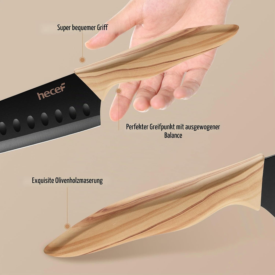 hecef Messerblock Set 6 Teilig, Edelstahl Küchenmesser mit Universalblock, Chefmesser &amp; Santoku, Ext