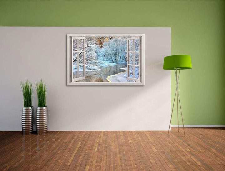 Pixxprint Atemberaubende Winterlandschaft, Fenster Leinwandbild | Grösse: 100x70 cm | Wandbild | Kun