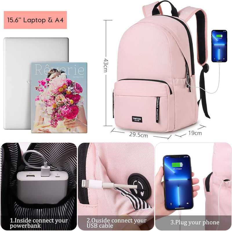 YAMTION Rucksack Schule Mädchen Rucksack Frauen für Uni Studium Freizeit,Schulrucksack Damen mit USB