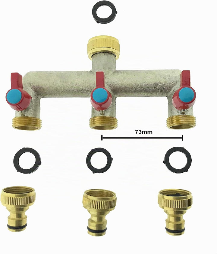 3-Wege Messing Wasserhahn Verteiler 3/4" Wasserverteiler 3er Gartenschlauch Adapter 1/2"