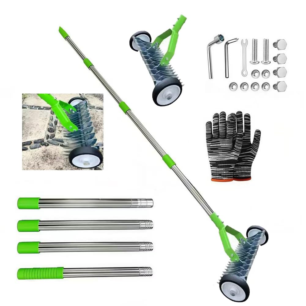 Handvertikutierer mit Stiel 163cm, Vertikutierer Hand mit Rollen, Vertikutierer Rechen, Metall Schne