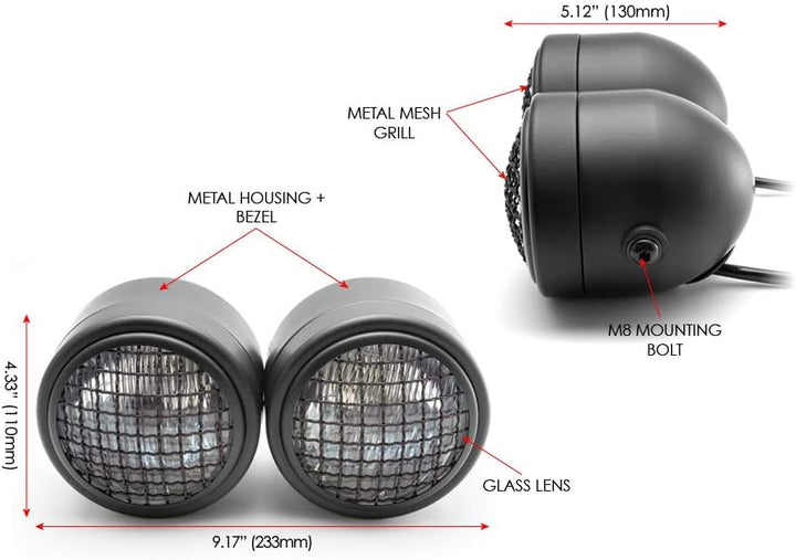 Alchemy Parts Motorrad Scheinwerfer mit Netz Gitter Schwarz Dual Halogen 35W Dominator Warrior Bandi