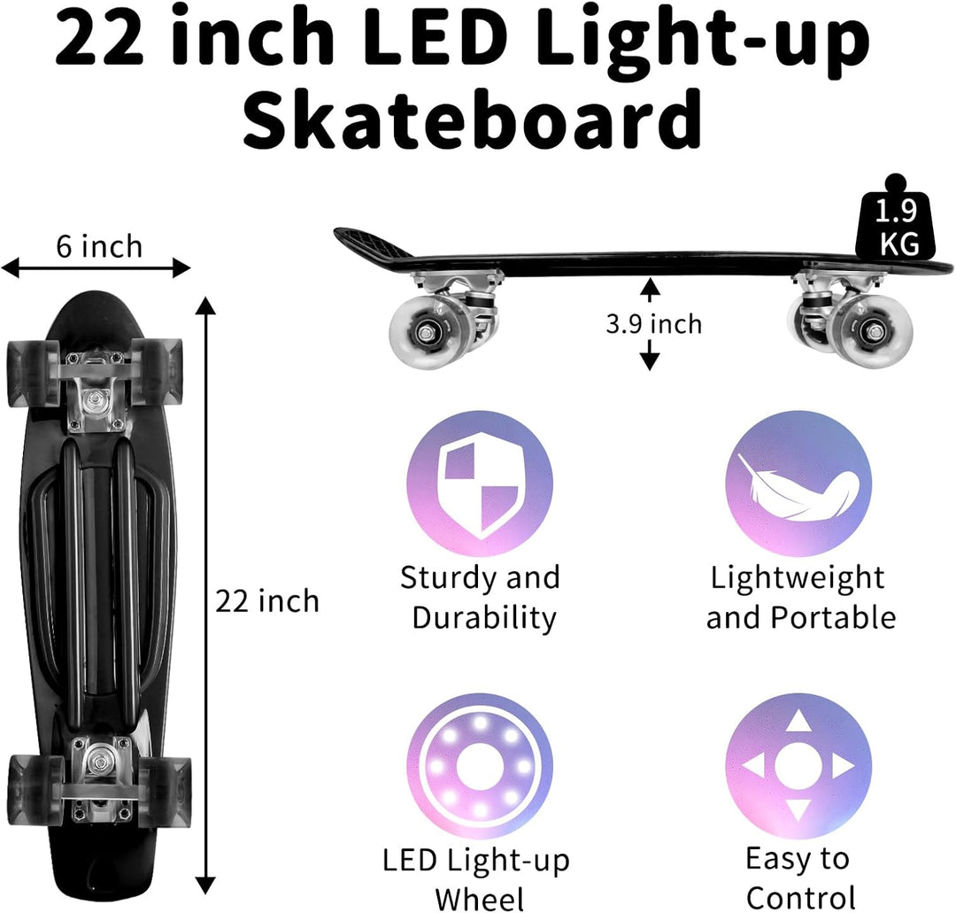 BELEEV Skateboard Komplette 22 Zoll Mini Cruiser Skateboard für Kinder Jugendliche Erwachsene, LED L