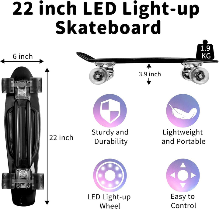 BELEEV Skateboard Komplette 22 Zoll Mini Cruiser Skateboard für Kinder Jugendliche Erwachsene, LED L