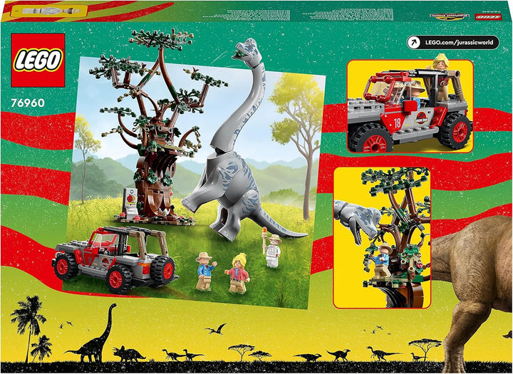 LEGO 76960 Jurassic Park Entdeckung des Brachiosaurus, Dinosaurier Spielzeug mit Figur und Jeep, Sam