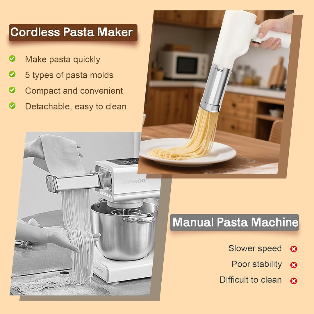 Cordless Handheld Noodle Maker, Portable Electric Pasta Machine with 5 Stainless Steel Molds, Lasagn