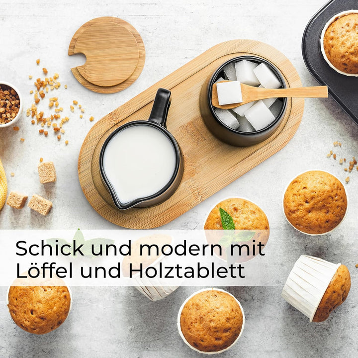 MIAMIO - Milch und Zucker Set mit Deckel und Löffel/Keramik Milchkännchen mit Holz Tablett - Mikrowe