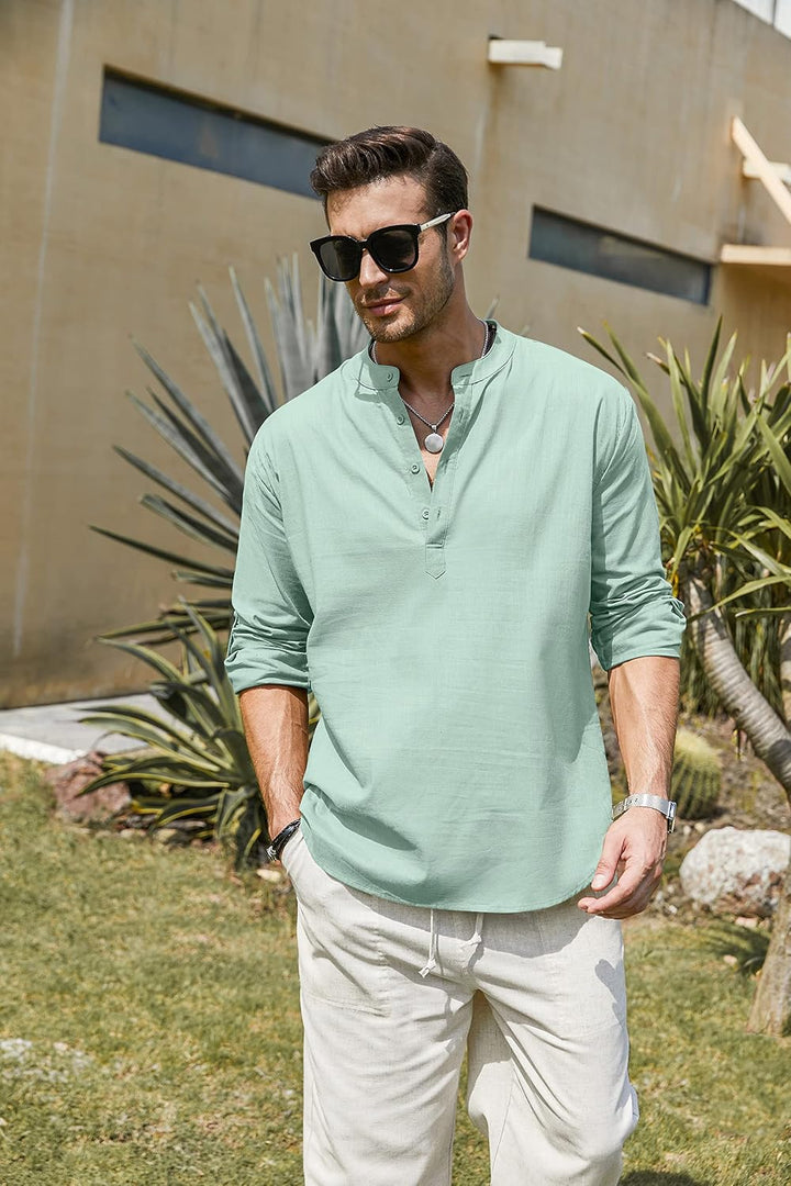COOFANDY Herren Hemd Langarm Henley Shirt Leinenhemd Baumwolle Casual Regular Fit Sommerhemd L Grün,
