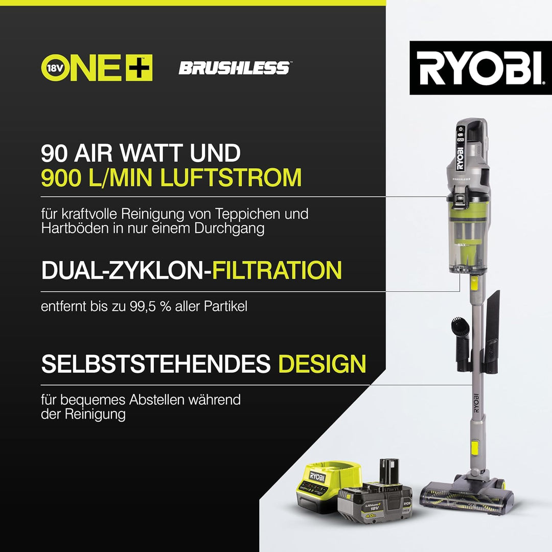 RYOBI 18 V ONE+ Brushless Akku-Staubsauger RSVS18BL-0, 90 AW Saugleistung, bürstenloser Motor, ohne