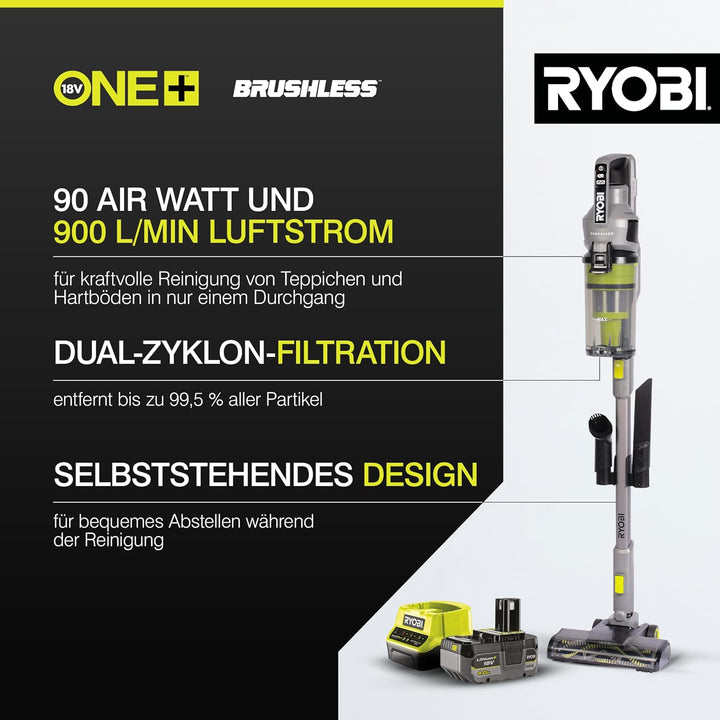 RYOBI 18 V ONE+ Brushless Akku-Staubsauger RSVS18BL-0, 90 AW Saugleistung, bürstenloser Motor, ohne