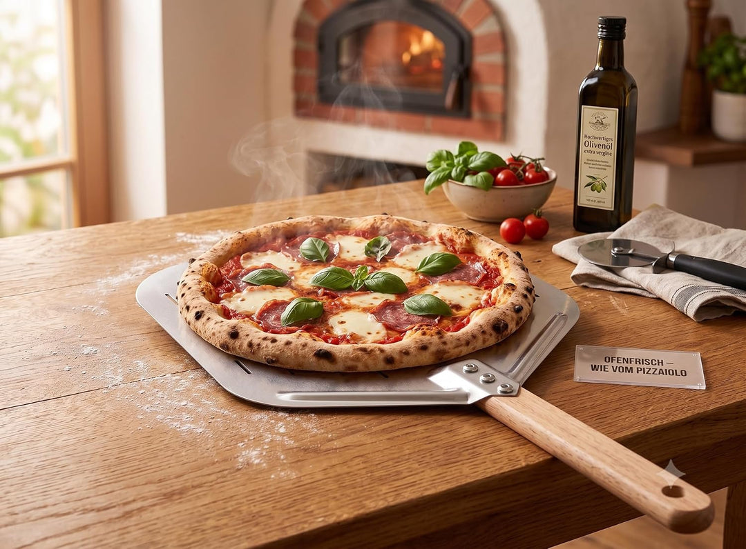 Pizzaschieber perforiert 39.5 * 30 * 70 cm – Aluminium Pizzaschaufel mit abnehmbarem Holzgriff, leic