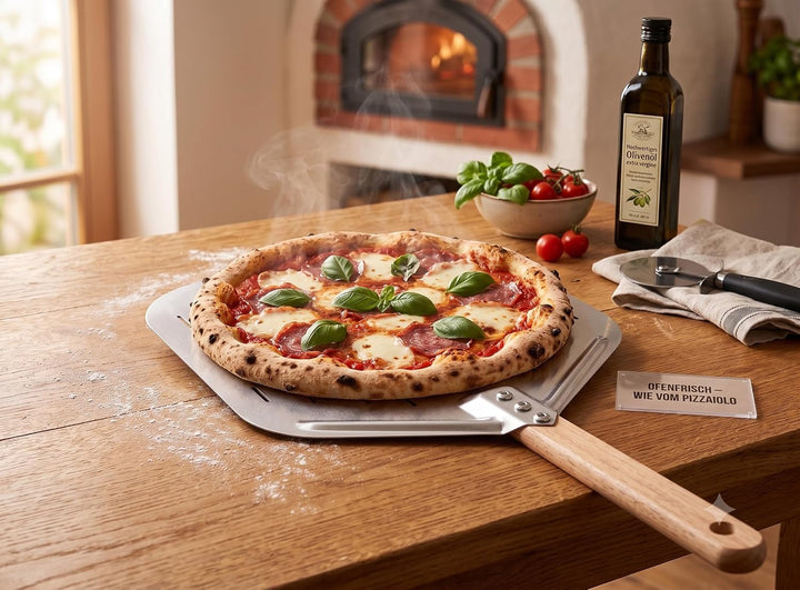 Pizzaschieber perforiert 39.5 * 30 * 70 cm – Aluminium Pizzaschaufel mit abnehmbarem Holzgriff, leic