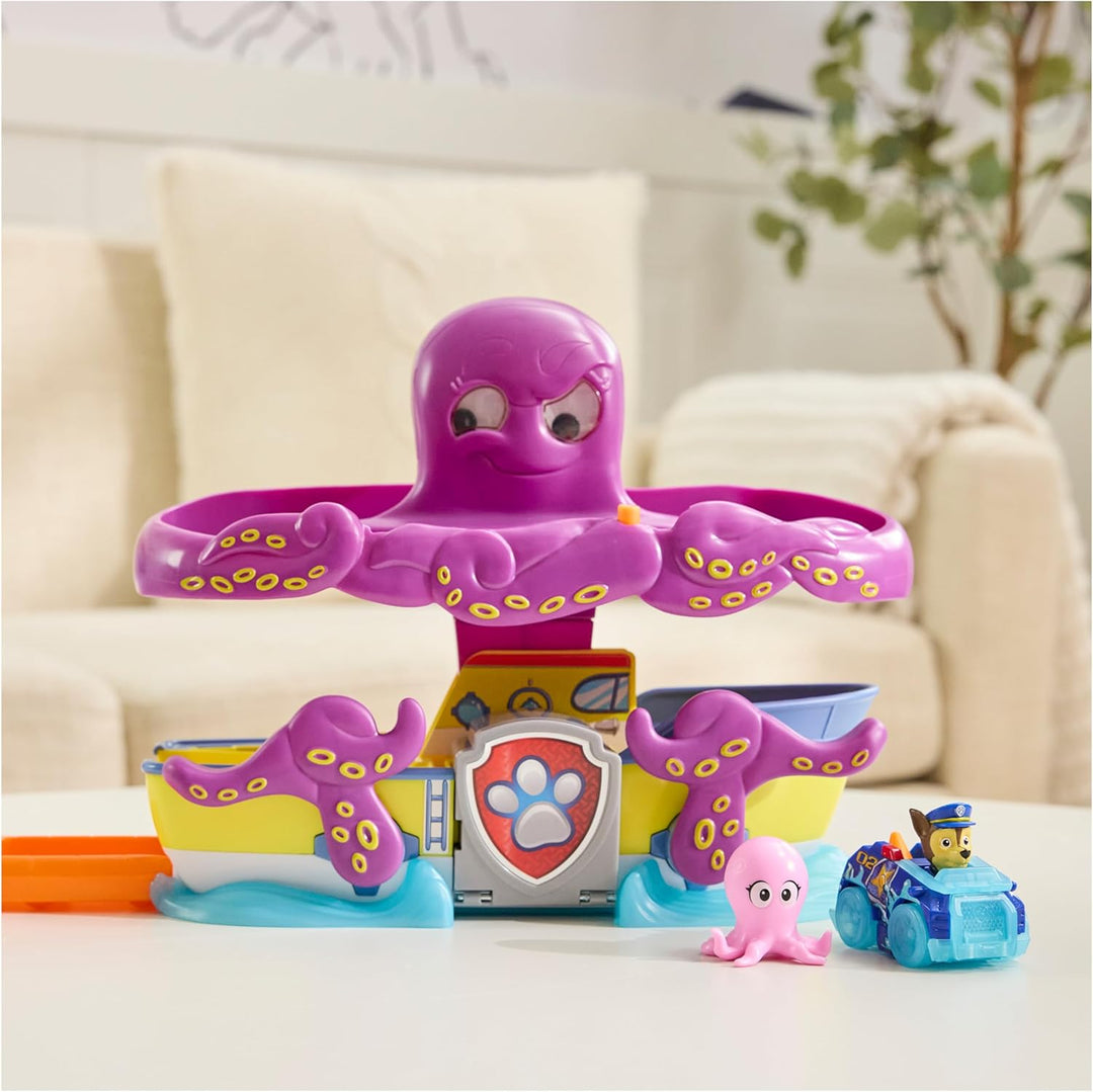 PAW PATROL Pup Squad - Oktopus Spielset mit Rennstrecke, Rampe, Chase Pup Squad Racer und Baby-Tinte