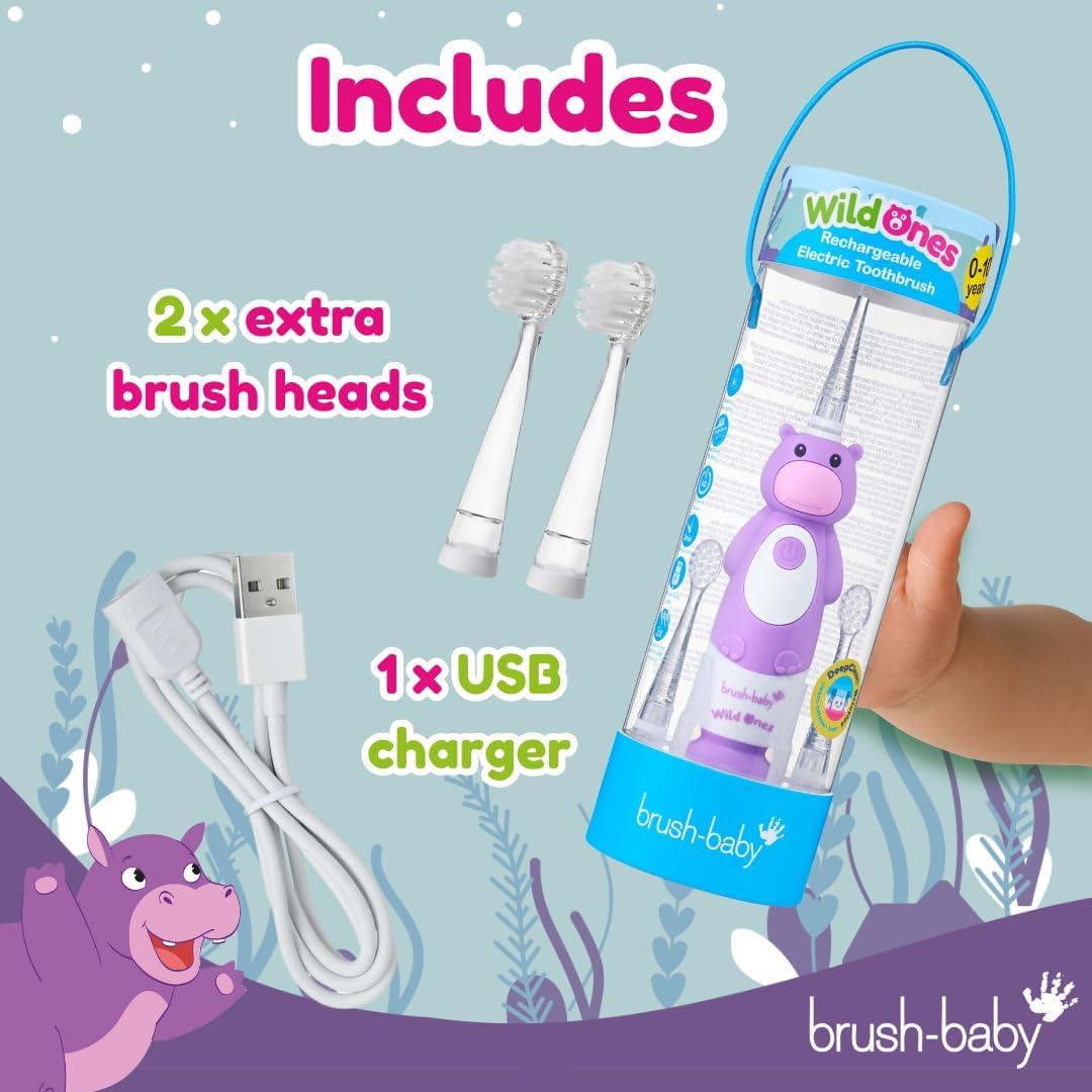 Brush-Baby WildOnes Kinder Elektrische Wiederaufladbare Zahnbürste, 1 Griff, 3 Bürstenköpfe, USB-Lad