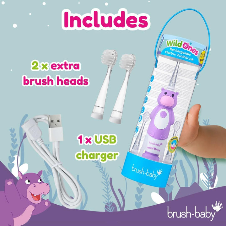 Brush-Baby WildOnes Kinder Elektrische Wiederaufladbare Zahnbürste, 1 Griff, 3 Bürstenköpfe, USB-Lad