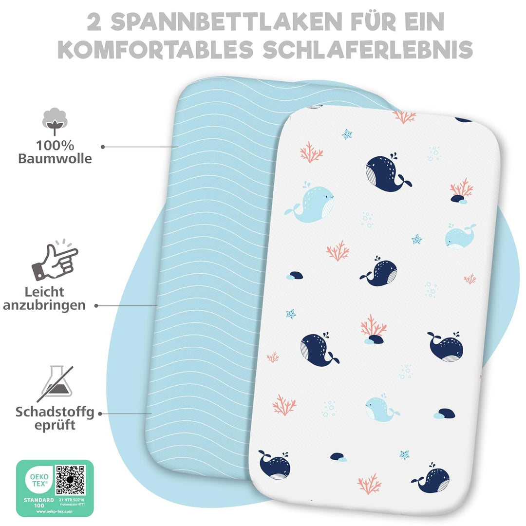 2X Spannbettlaken aus 100% Baumwolle mit Gummiband - 1X Matratzenschoner aus 100% wasserdichtem Mate