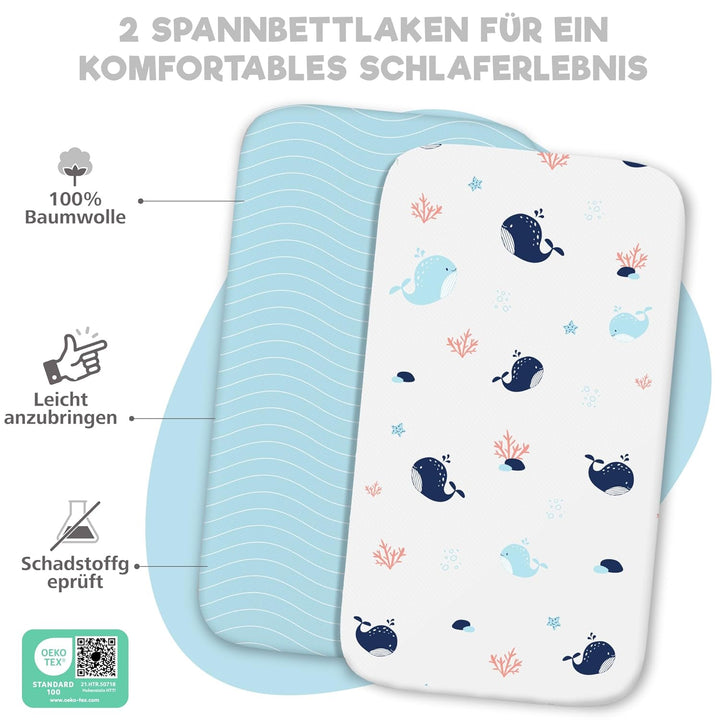 2X Spannbettlaken aus 100% Baumwolle mit Gummiband - 1X Matratzenschoner aus 100% wasserdichtem Mate