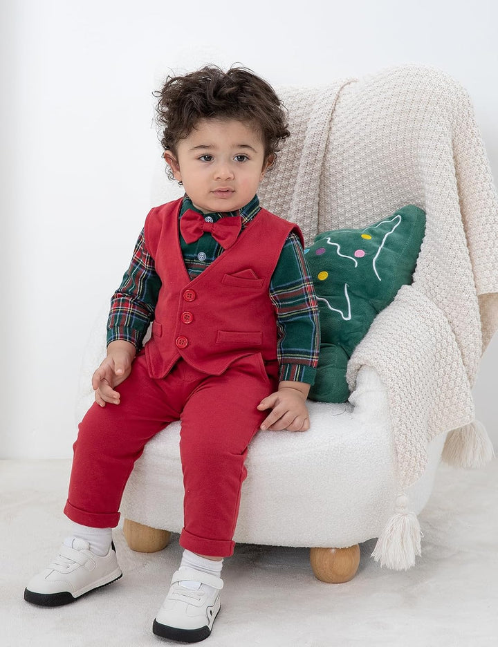 mintgreen Baby Anzug Junge, 3 Stück Formelles Outfit Taufanzug Gentleman Smoking Shirt & Weste + Hos