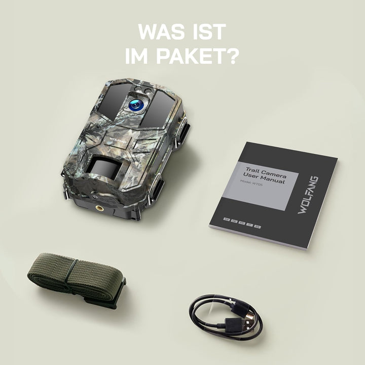 WOLFANG Wildkamera 4K HD, 64MP Full HD WLAN Wildtierkamera mit App, Jagdkamera mit Nachtsicht, Beweg