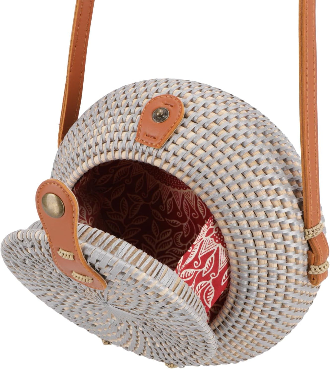 GURU SHOP Geflochtene Handtasche, Korbtasche, Rattantasche, Balitasche Rund, 20x20x7 cm Modell 4, Mo