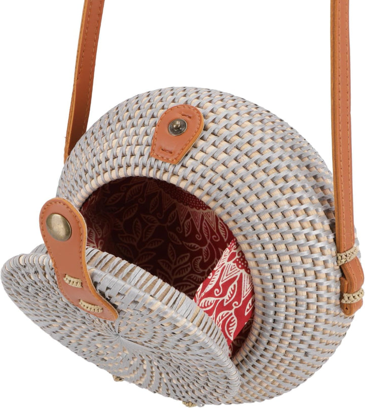 GURU SHOP Geflochtene Handtasche, Korbtasche, Rattantasche, Balitasche Rund, 20x20x7 cm Modell 4, Mo