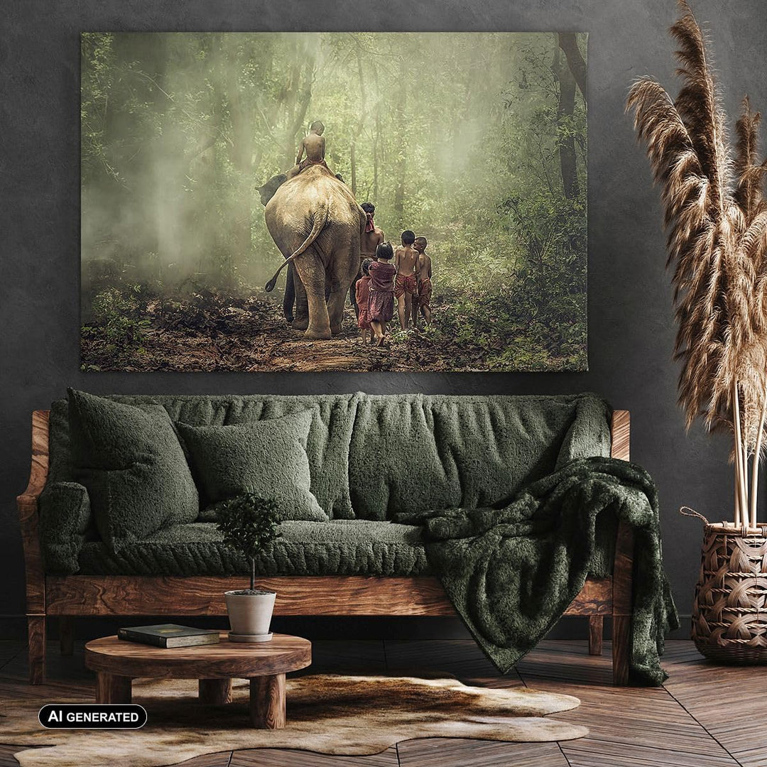 Bilder auf Leinwand 100x70cm Leinwandbild Elefant Dschungel Nebel Gross Wanddeko Bild Schlafzimmer K