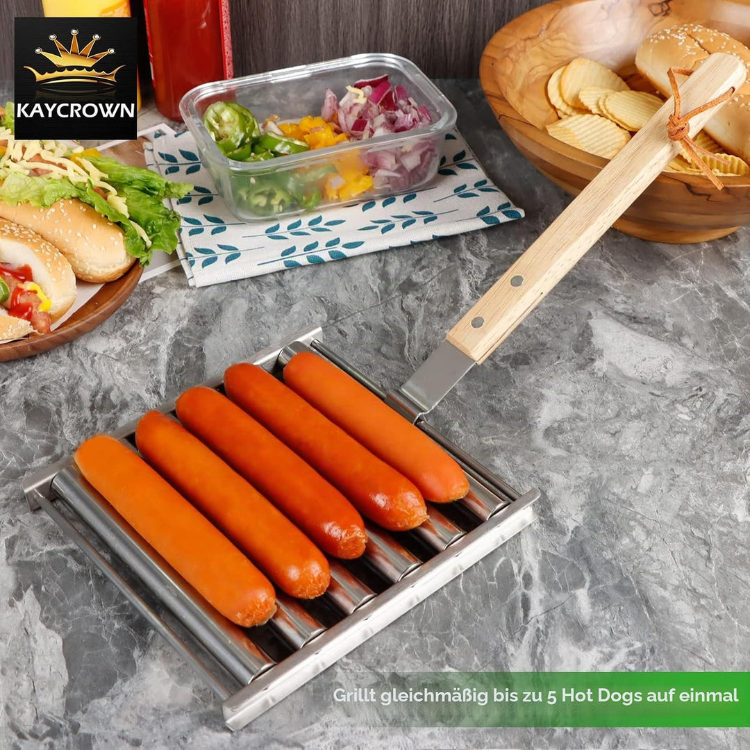 KAYCROWN Hot Dog Roller Edelstahl Wurstroller Rack mit extra langem Holzgriff, BBQ Hot Dog Griller f