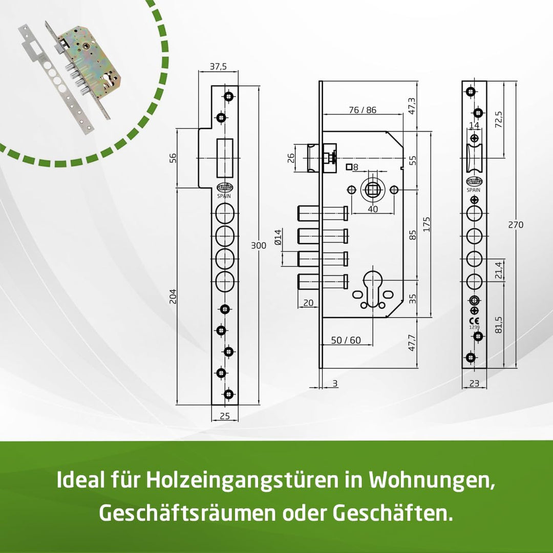 Amig - Einsteckschloss mit Schiebers für Holztüren | 50/85 mm | Ohne Zylinder und Sicherheitsriegel
