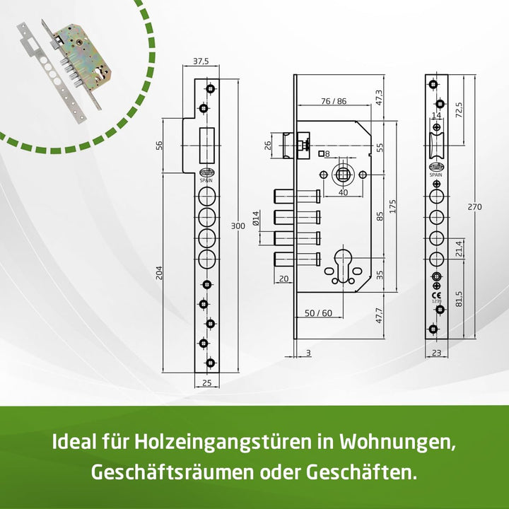 Amig - Einsteckschloss mit Schiebers für Holztüren | 50/85 mm | Ohne Zylinder und Sicherheitsriegel