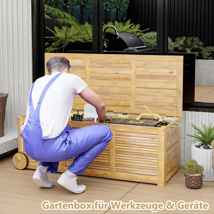 GIANTEX Auflagenbox Kissenbox Akazien Holz 182L, Gartenbox Aufbewahrungsbox mit Rollen, Kissentruhe