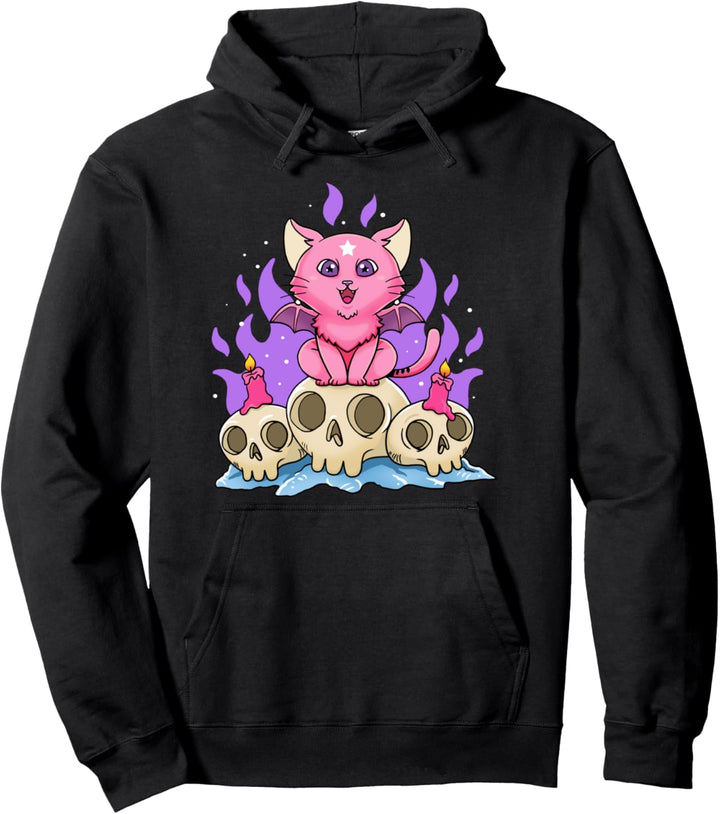 Pastell Goth Dämon Katze Totenköpfe Kawaii Anime Rosa Wicca Pullover Hoodie