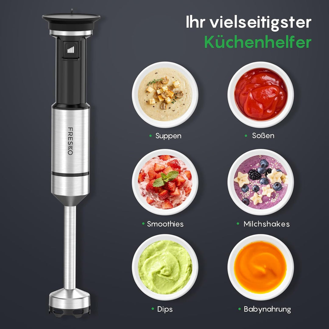 FRESKO Stabmixer 1000W, Pürierstab Edelstahl mit Schutzhülle für Kochgeschirr, Stufenlos Geschwindig